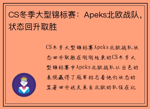 CS冬季大型锦标赛：Apeks北欧战队，状态回升取胜