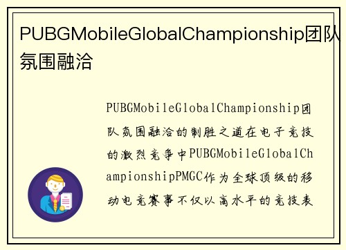 PUBGMobileGlobalChampionship团队氛围融洽